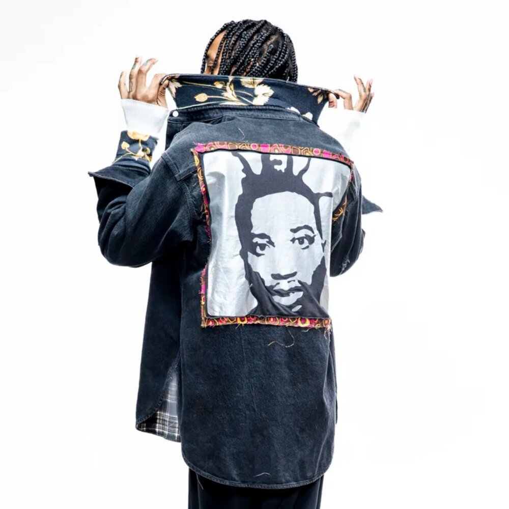 Vintage Black Denim Shacket w/Old Dirty Bastard Patch extended sleeves